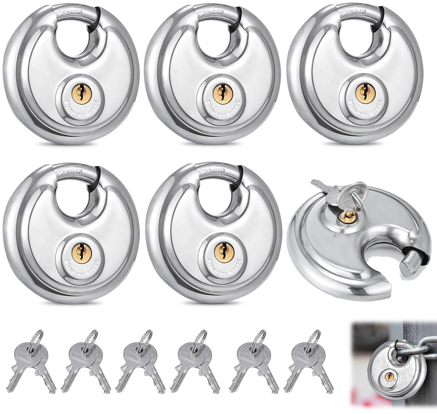 Hangslot Set van 6 - 70 mm RVS Disc Lock - Hangslot met Sleutel - Schokbestendig - Weerbestendig - Robuust en Veilig - Discslot