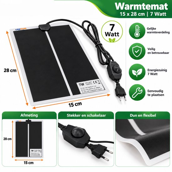 Zwarte 7W warmtemat 15x28cm met instelbare schakelaar, geschikt voor terraria, pluimvee en huisdieren.