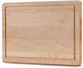 Esdoornhouten snijplank met sapgeul, schuin van voren gepresenteerd.