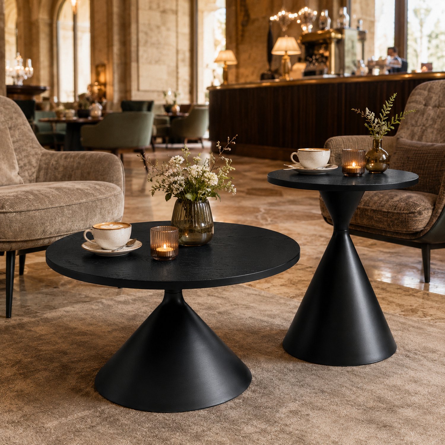 HAUSS SPOLE Salontafelset - Twee Ronde Tafels Met Zwarte Houtlook - Voor Woonkamer En Slaapkamer - Mdf En Koolstofstaal - 70x40 En 50x55 Cm