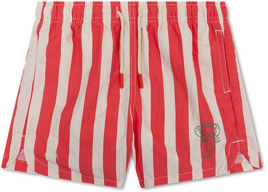 Beige en rode zwemshort met verticale strepen en een geborduurde kreeft op de onderkant van de broekspijp.