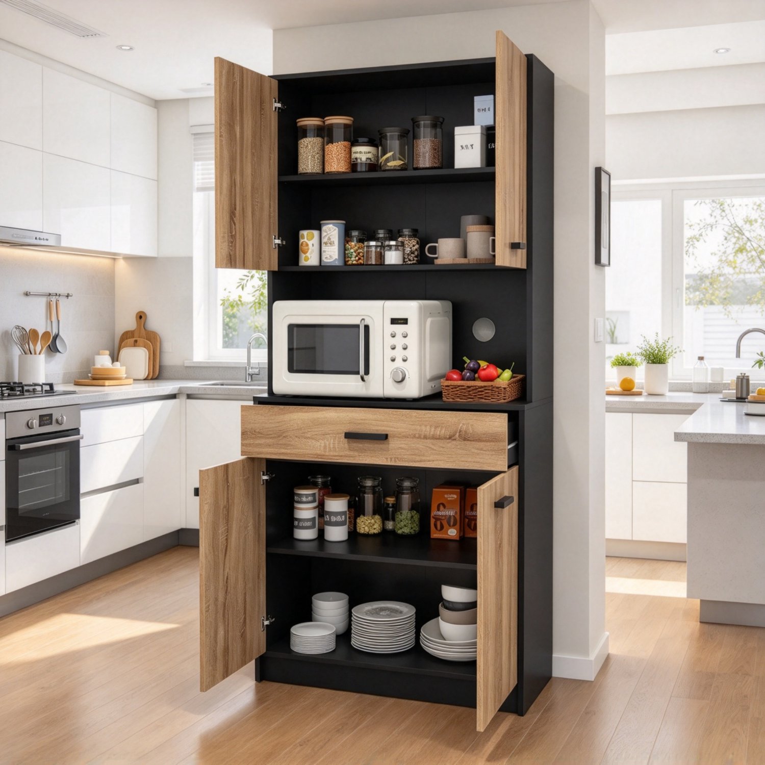 OKWISH Keukenkast - 4 Deuren en 1 Lade - Kabeldoorvoer en Opbergruimte voor de Keuken - Spaanplaat in Zwart en Naturel - 80 x 40 x 180 cm Zwart en naturel houtkleur