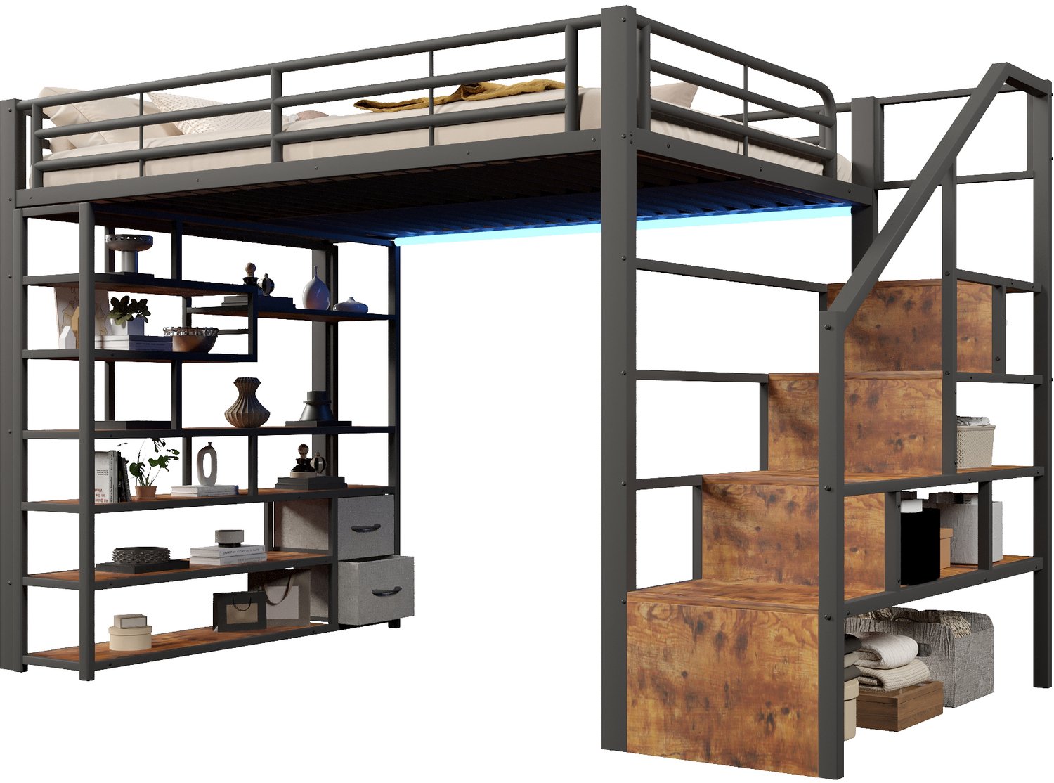 REDOM Hoogslaper 140x200 cm - Met trap, 2 stoffen lades, opbergruimte en LED-verlichting - Zwart