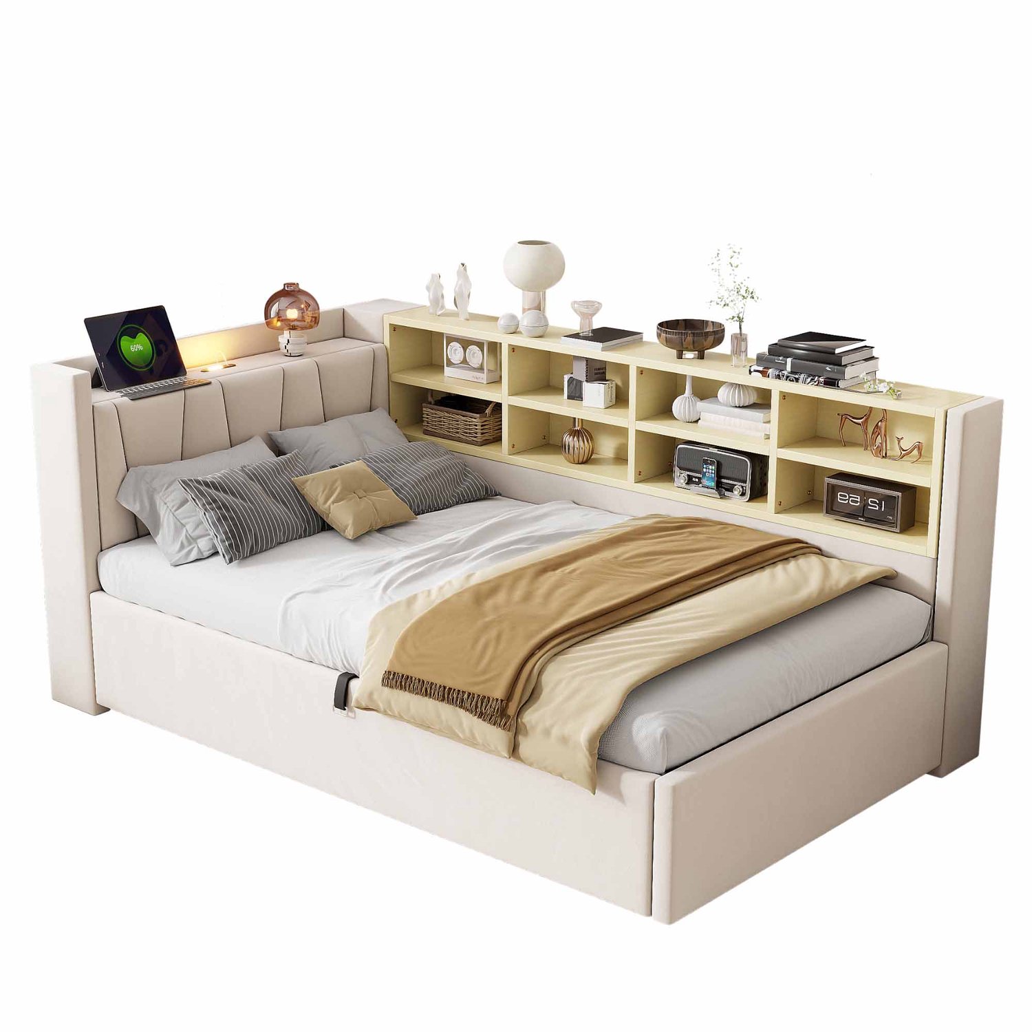 REDOM Gestoffeerd eenpersoonsbed 90x200 cm - Hydraulische opbergruimte, nachtlicht en USB - Beige
