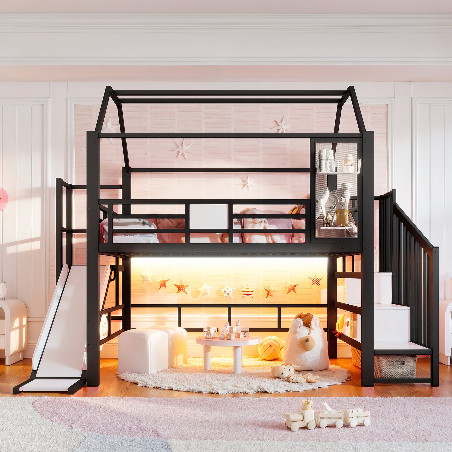 HAUSS SPOLE Hoogslaper 140x200 cm - Kinderbed in Huisvorm met Glijbaan en Trap - Opbergruimte en Verlichting voor de Kinderkamer - Metaal en MDF - Zwart