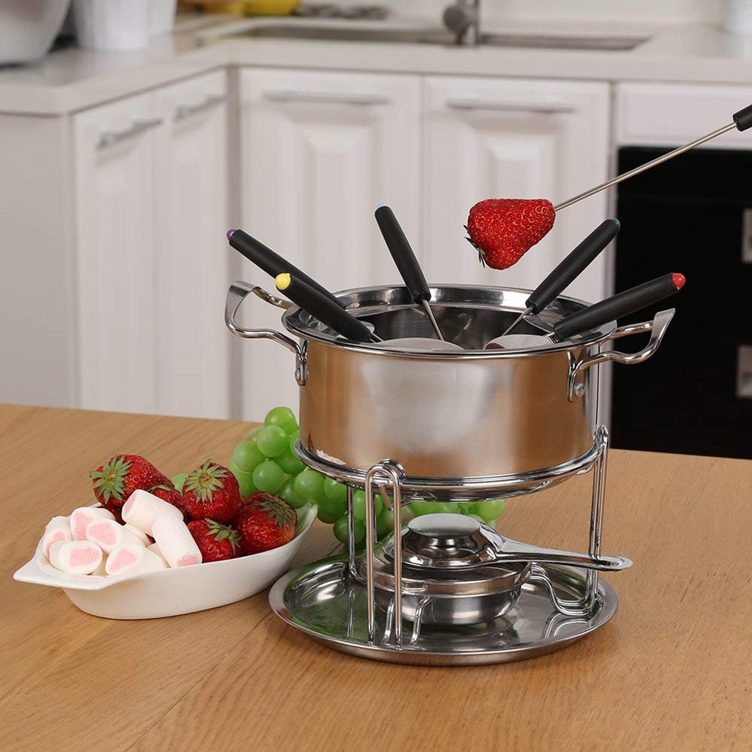 Kaasfondueset voor 6 Personen – RVS Fonduepan – Inclusief Brander, Spatbescherming en 6 Vorken – Zilver – foto 8