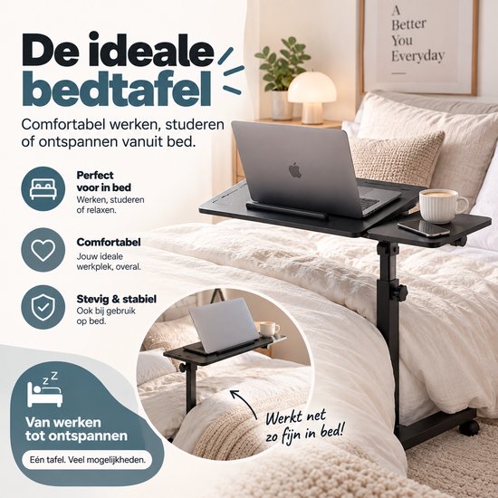 Zwarte laptoptafel naast een bed, geschikt voor comfortabel werken en ontspannen.