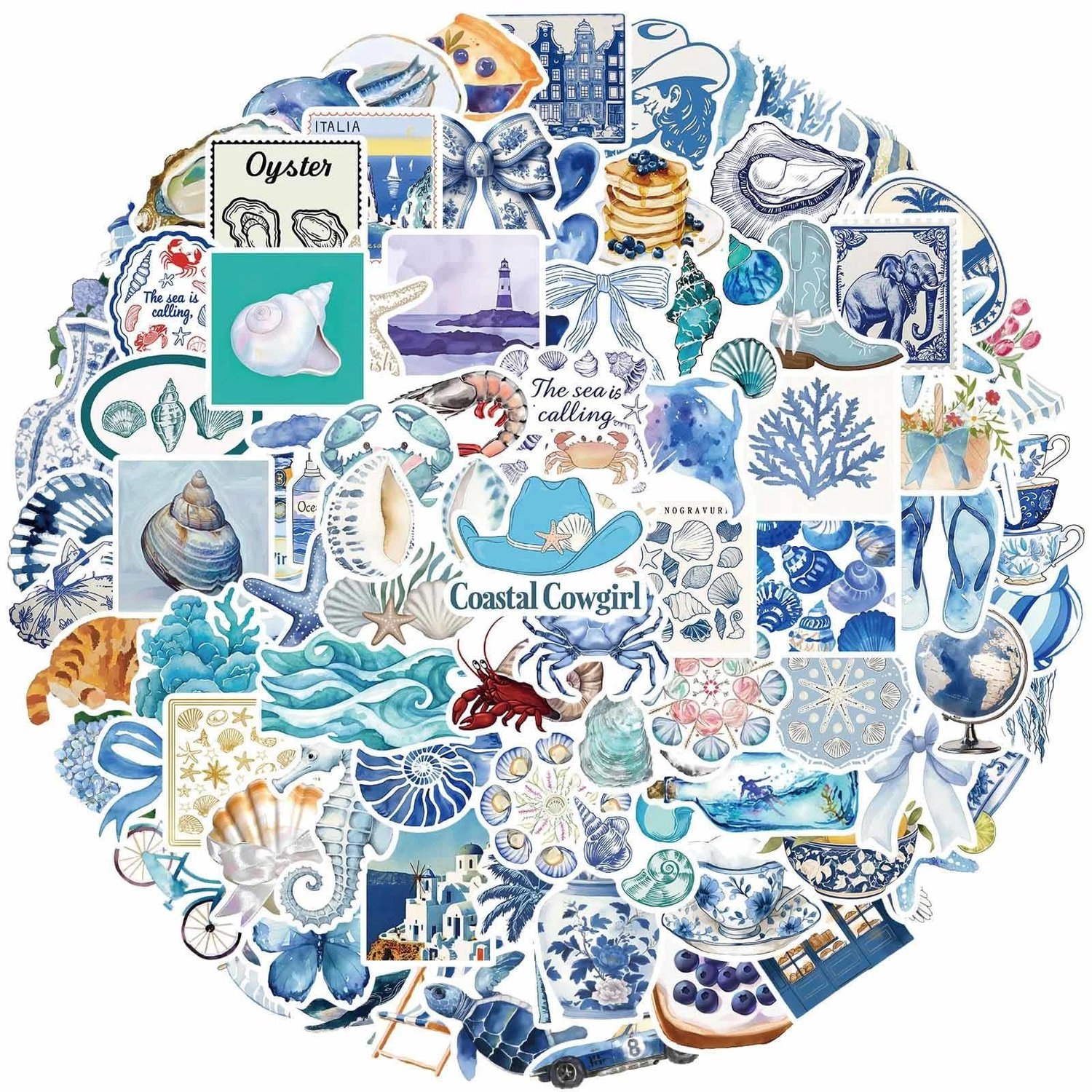 Oceaanstickers 100 stuks - Waterdicht - Zelfklevend - Vinylstickers - Scrapbookaccessoires - Schattige zeedieren - Blauwe kustesthetiek - Stickers