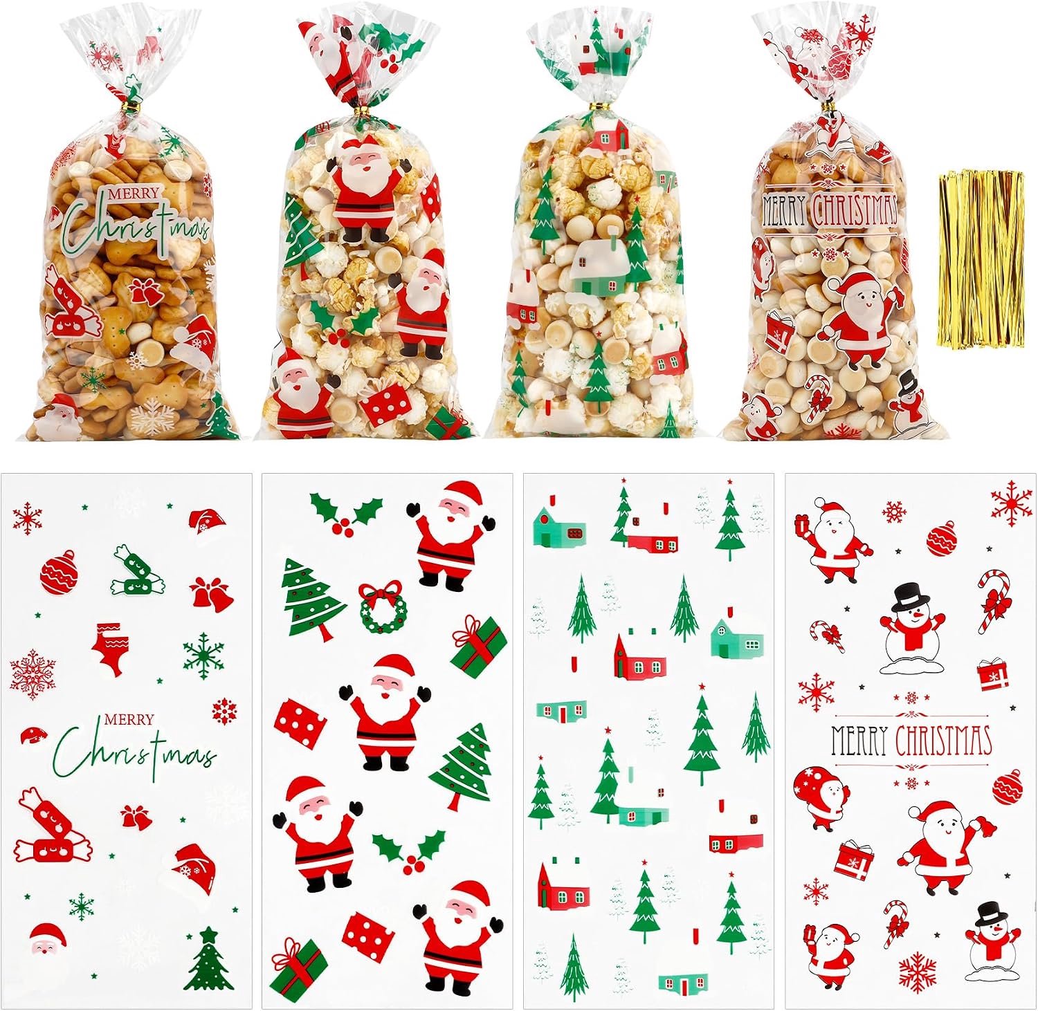 100 koekjeszakjes, rood en groen, 4 motieven, 100 sluitstrips