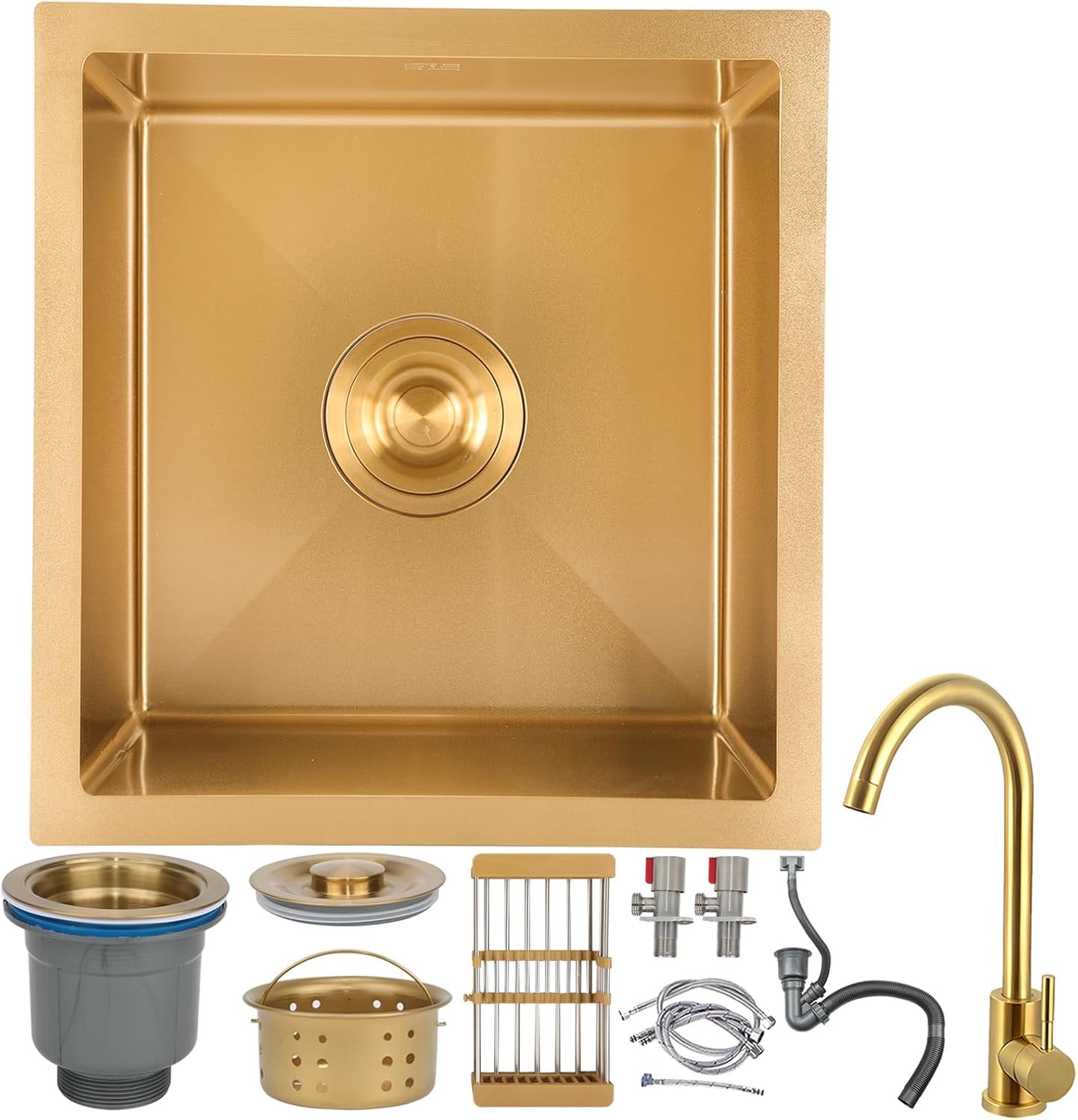 Enkele Kom Gootsteen Met Kraan 75X45Cm Handgemaakte Bar/Prep Sink Nano Coating Easy-Clean Afvoer Kit Inbegrepen Meerdere, Goud-Kraan # 01-38x38cm