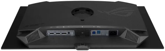 Achterzijde van zwarte gamingmonitor met diverse aansluitpoorten, waaronder HDMI en USB-poorten.