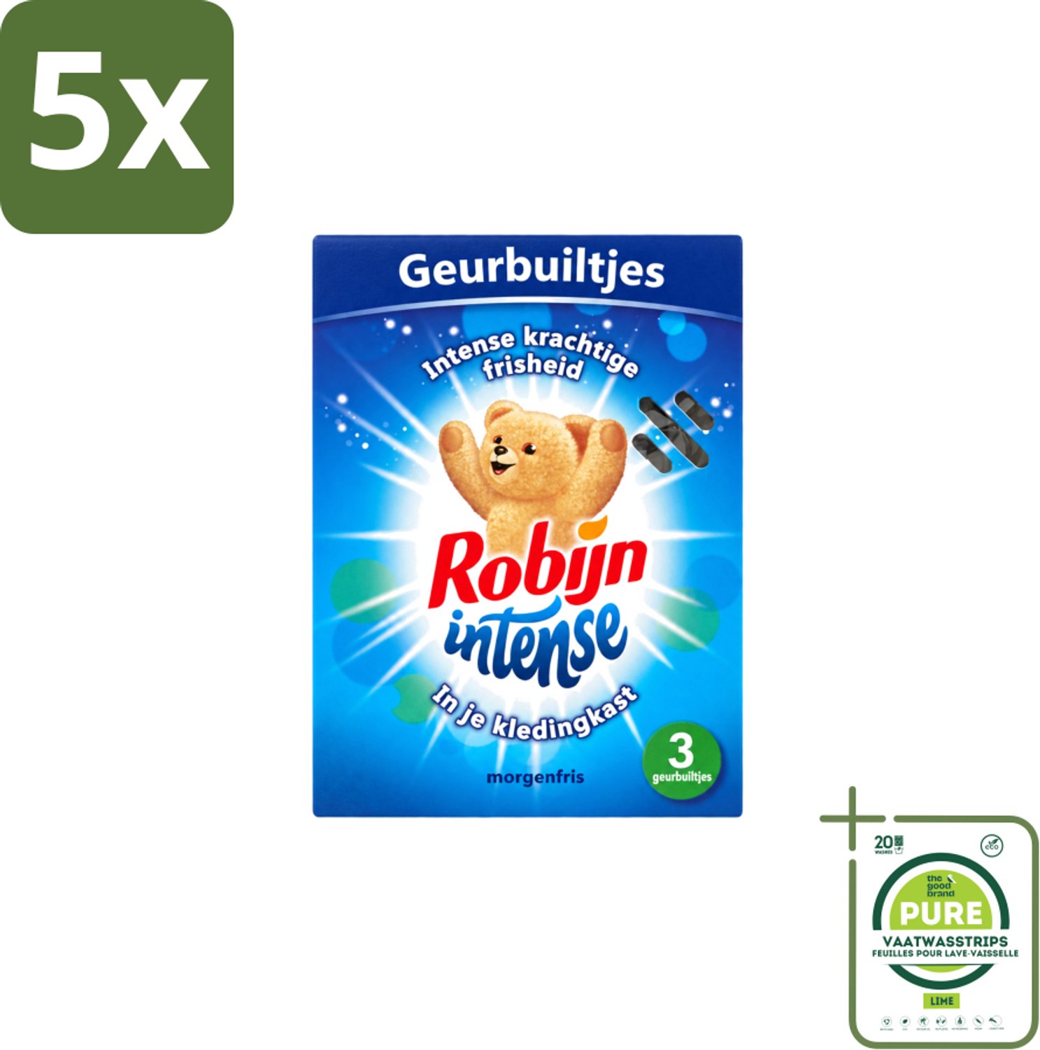 5 x Robijn - Intense - Geurbuiltjes - Langdurige Geur - Intense Frisheid - 3 Geurbuiltjes - Grootverpakking - Vaatwasstrips - Geur In Kleding - Frisheid Kleding - Geur In Tas - Geur In Koffer - Geur In Auto