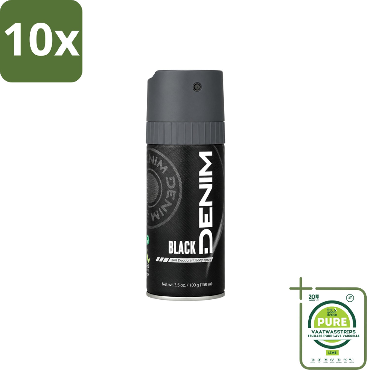 10 x Denim - Deodorant Aerosol - Black Geur - Voor Mannen - 150 ml - Grootverpakking - Vaatwasstrips - Deodorant Spray - Mannelijke Geur - Frisheid - Transpiratie - Geurcontrole