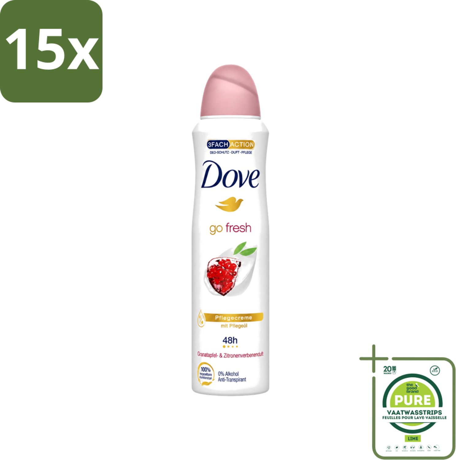 15 x Dove - Deodorant - Go Fresh Granaatappel - Frisse en fruitige geur - 150 ml - Grootverpakking - Vaatwasstrips - Dove Go Fresh - Granaatappel - Anti-transpirant Spray - Geur - Huidverzorging