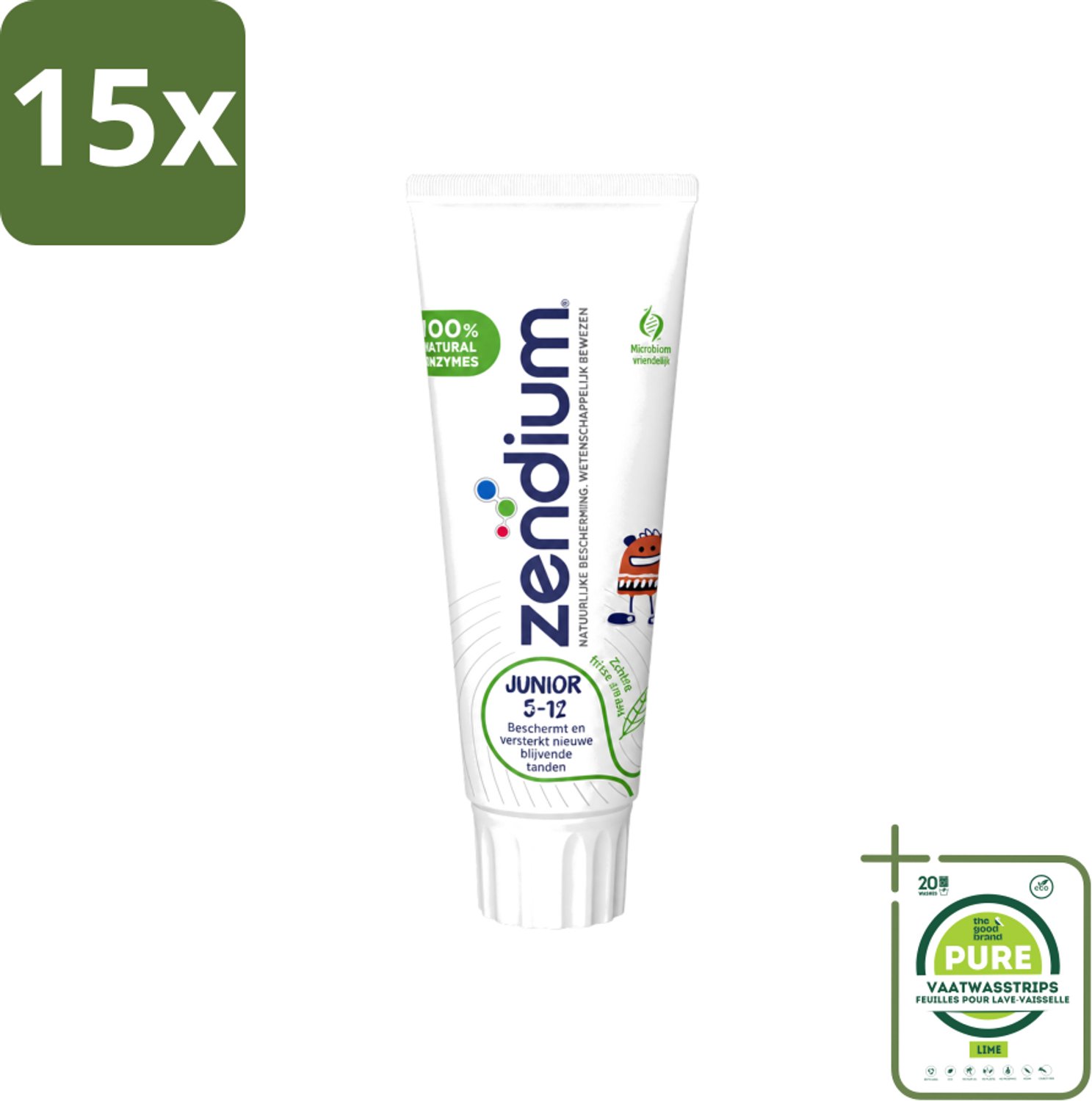 15 x Zendium - Junior 5-12 Jaar - Tandpasta - Natuurlijke Enzymen - 75 ml - Grootverpakking - Vaatwasstrips - Tandpasta Voor Kinderen - Melktanden Beschermen - Natuurlijke Enzymen - Gezonde Mondflora - SLS-vrije Tandpasta