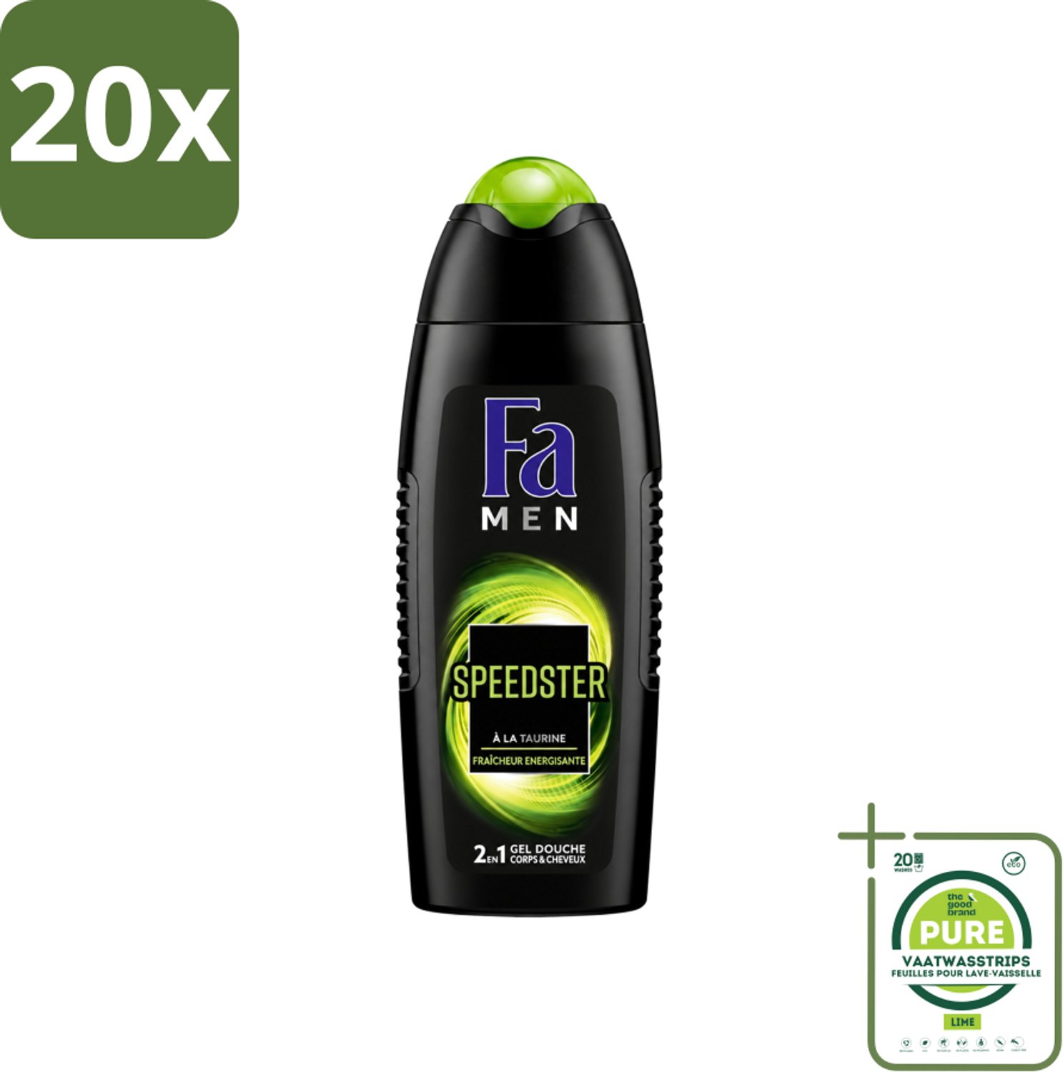 20 x Fa Men - Douchegel - Speedster - Verfrissend & Energiek - Langdurig - 250 ml - Grootverpakking - Vaatwasstrips - Douchegel Mannen - Energie - Verfrissend - Taurine - Langdurig Effect