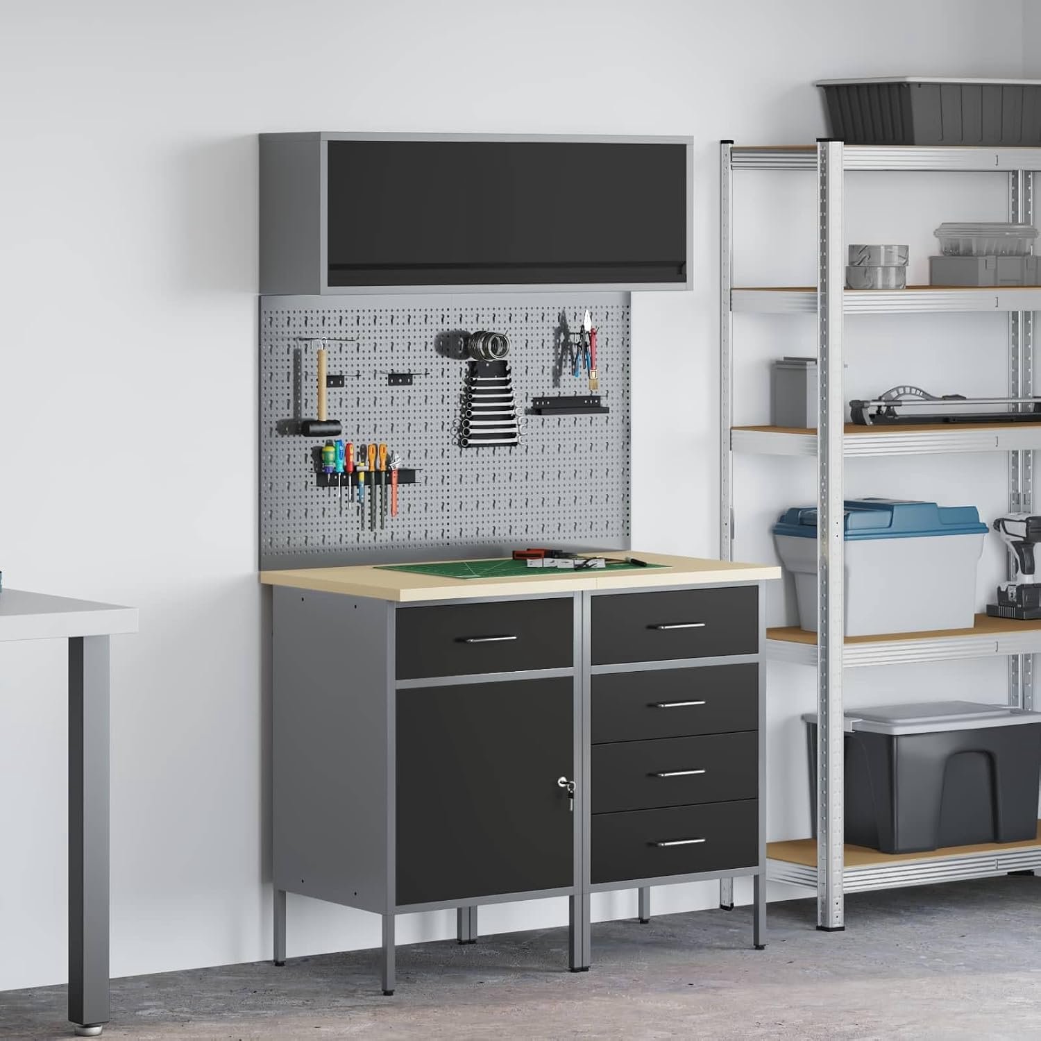 Werkplaatskastset met laden, plank en gatenplaat, 5 stuks