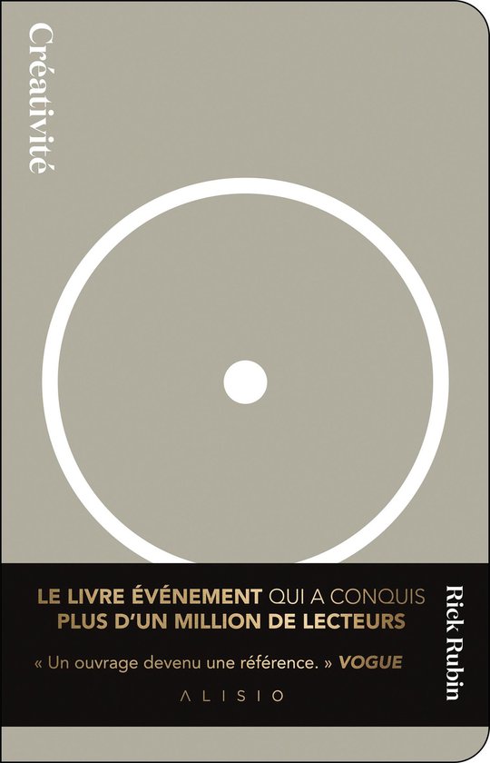 Couverture du livre 'Créativité' de Rick Rubin. Fond gris avec un grand cercle blanc et une bande noire avec texte en bas.