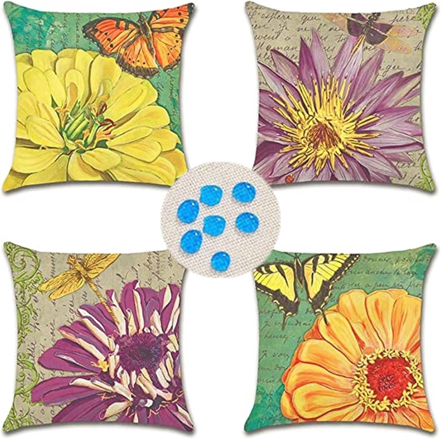 Outdoor Kussenhoezen 26x26 inch Set van 4 Waterbestendig Decoratieve Kussenslopen Linnen materiaal, Gedrukt Kussenslopen, voor tuinbank Slaapkamer, 65cm x 65cm Gekleurde Bloemen