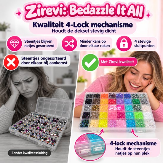 Zirevi opbergdoos met 4-lock sluiting die steentjes georganiseerd houdt, getoond in gebruik.