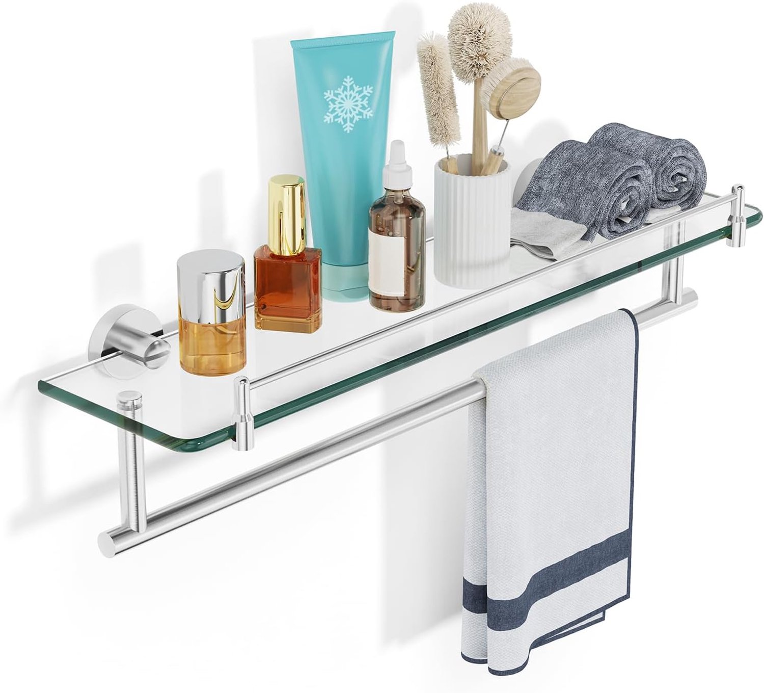 20 Inch Glazen Badkamer Planken Met Handdoekstang, Geborsteld Nikkel Glas Plank Voor Badkamer Met Handdoekenrek Rechthoekig Gehard Glas Roestvrij Staal Wandmontage Accessoires