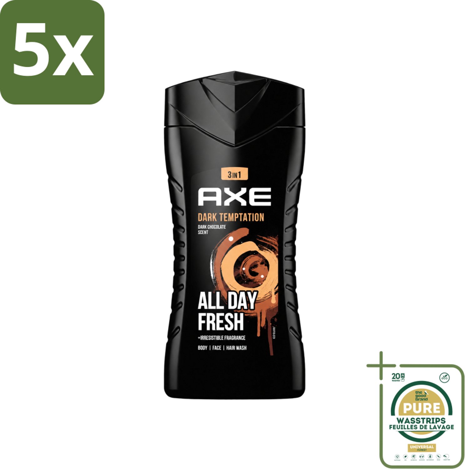 5 x Axe - 3-in-1 Douchegel - Dark Temptation - Dark Chocolate - 250 ml - Wasstrips - Douchegel - 3-in-1 - Lichaam - Gezicht - Haar