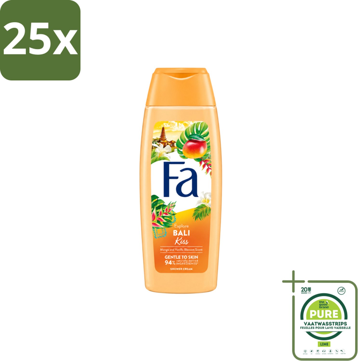 25 x Fa – Douchegel – Bali Kiss – 250 ml - Grootverpakking - Vaatwasstrips - Douchegel - Tropische Geur - Mango - Vanillebloesem - Vegan