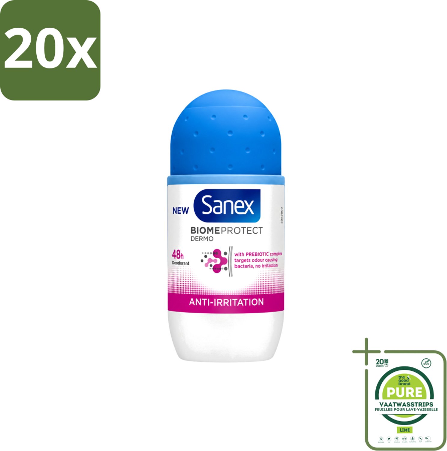 20 x Sanex – Deo Roll-on – BiomeProtect Dermo Anti-Irritation – 50 ml - Grootverpakking - Vaatwasstrips - Gevoelige Huid - Anti-irritatie - Deodorant Roller - Huidmicrobioom - PH Balans