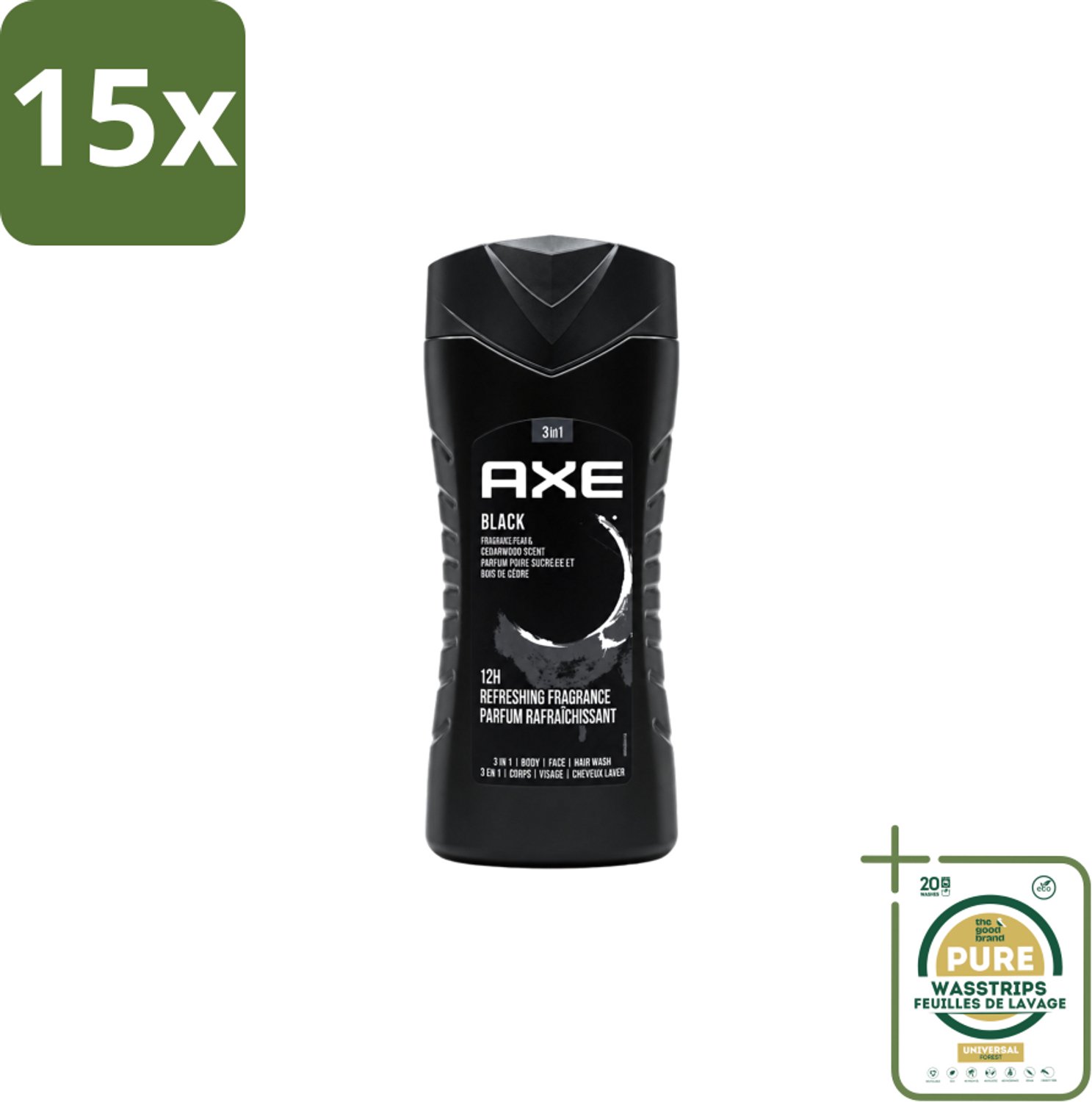 15 x Axe – Douchegel – Black – Houtachtig & Fris - 250 ml - Wasstrips - Douchegel - Frisheid - Mannelijke Geur - Cederhout - Peer