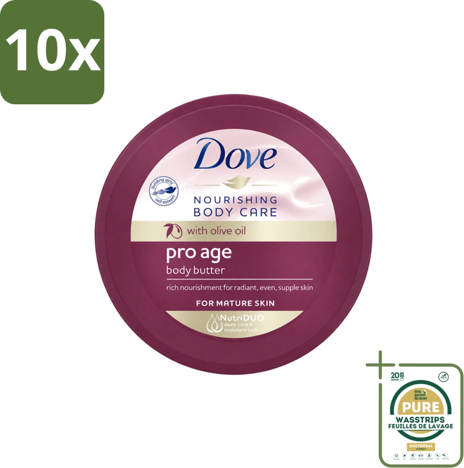 10 x Dove – Bodycrème – Pro Age – 250 ml - Wasstrips - Huid Verzorging - Rijpe Huid - Huidelasticiteit - Hydratatie - Bodycrème