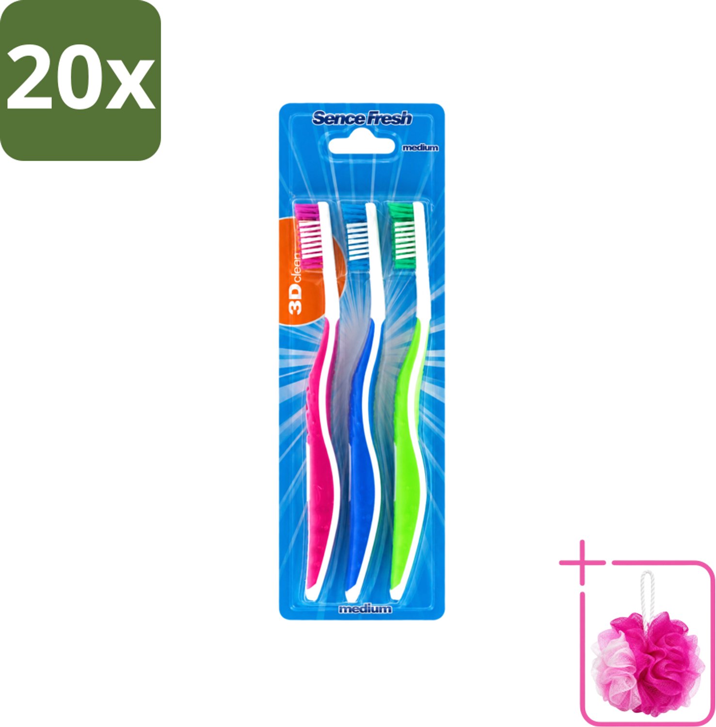 20 x Sence - Fresh 3D-Extra Clean - Tandenborstels - Medium - 3 Tandenborstels - Bulkverpakking - Tandenborstel - Douchemop - Tandenborstels