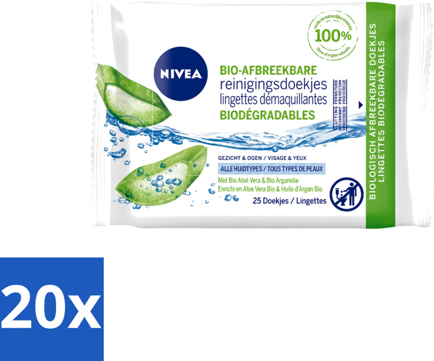 20 x Nivea – Reinigingsdoekjes – Bio Aloe Vera – 25 Doekjes - Voordeelverpakking - 20 stuks
