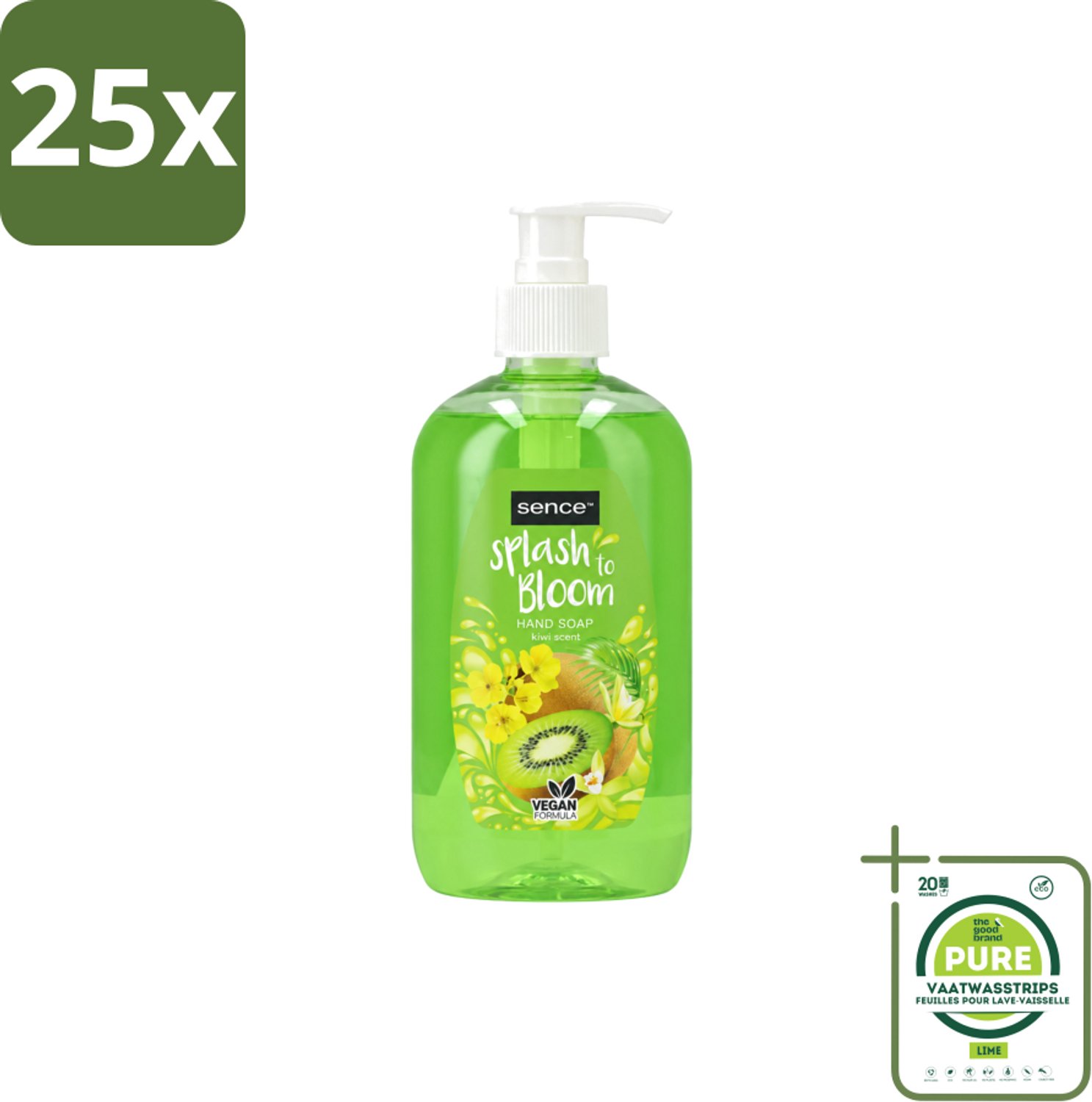 25 x Sence – Handzeep – Splash To Bloom Kiwi – 500 ml - Grootverpakking - Vaatwasstrips - Handzeep - Handen Reinigen - Handen Hydrateren - Kiwi Geur - Natuurlijke Handzeep
