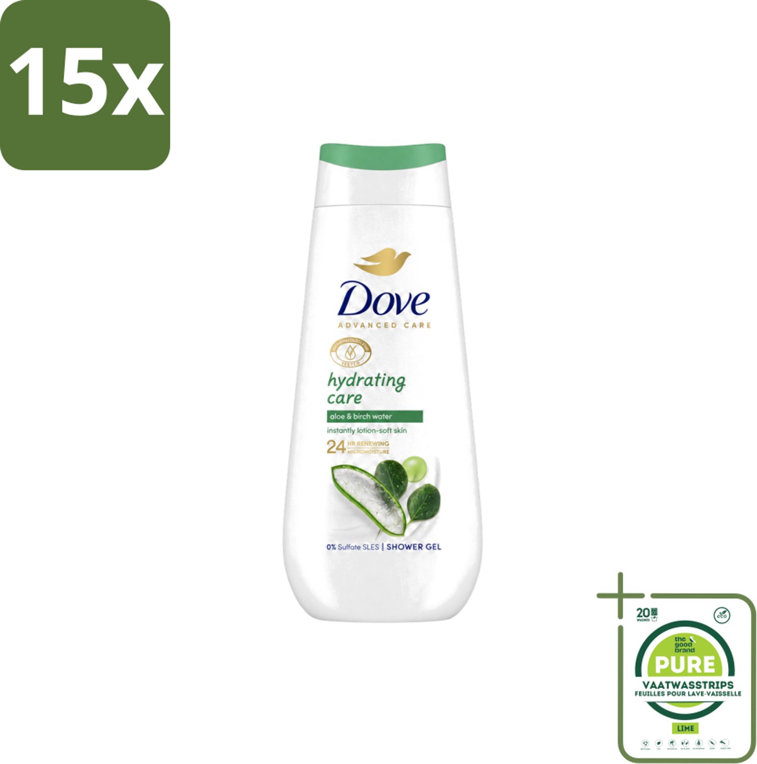 15 x Dove – Douchecrème – Hydrating Care – 225 ml - Grootverpakking - Vaatwasstrips - Douchecrème - Hydratatie - Droge Huid - Mild Douchen - Aloë Vera
