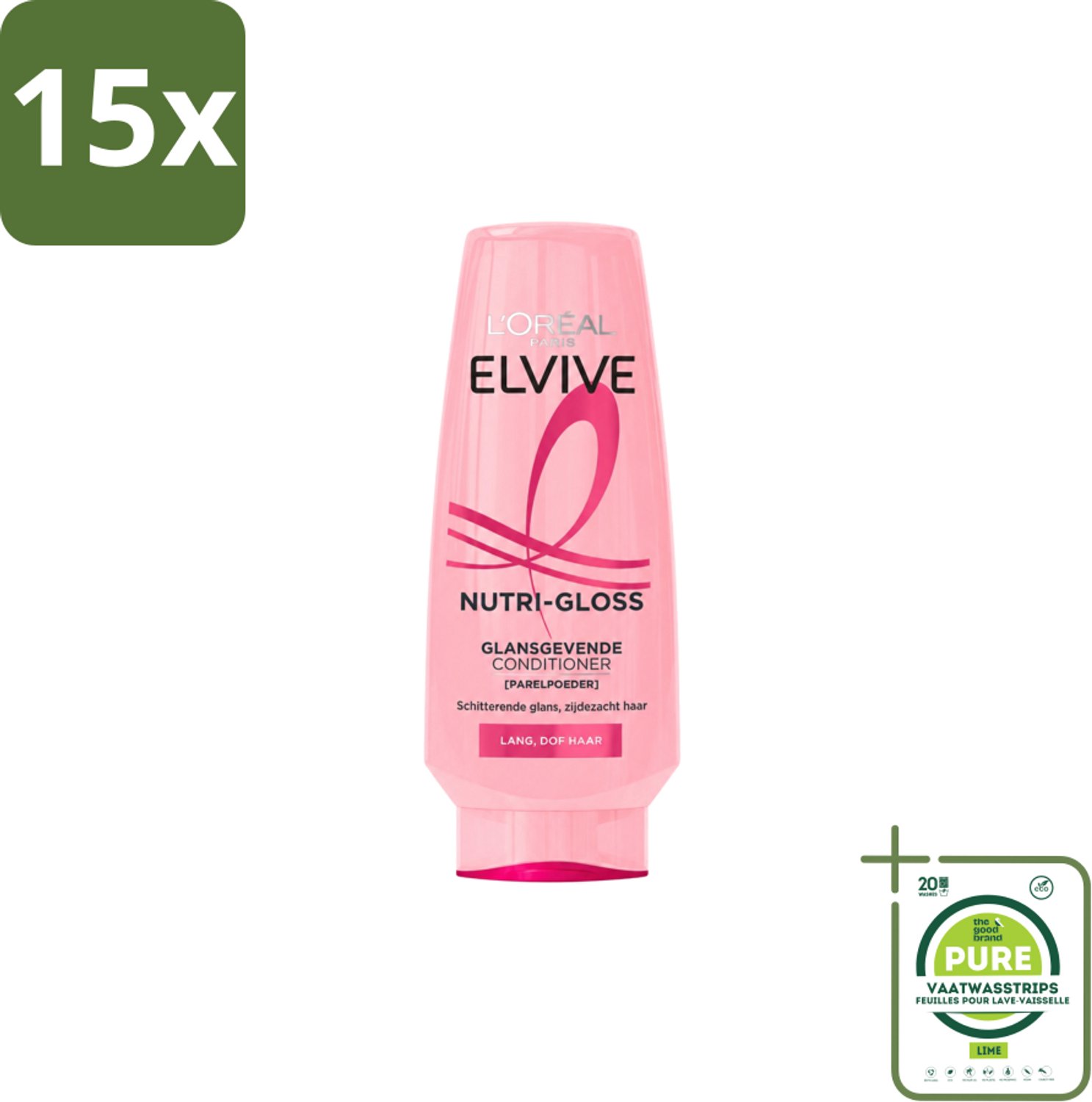 15 x L’Oréal Paris Elvive – Conditioner – Nutri Gloss – 200 ml - Grootverpakking - Vaatwasstrips - Glans Haar - Lang Haar - Ontwarrende Conditioner - Proteïnen - Parelextract