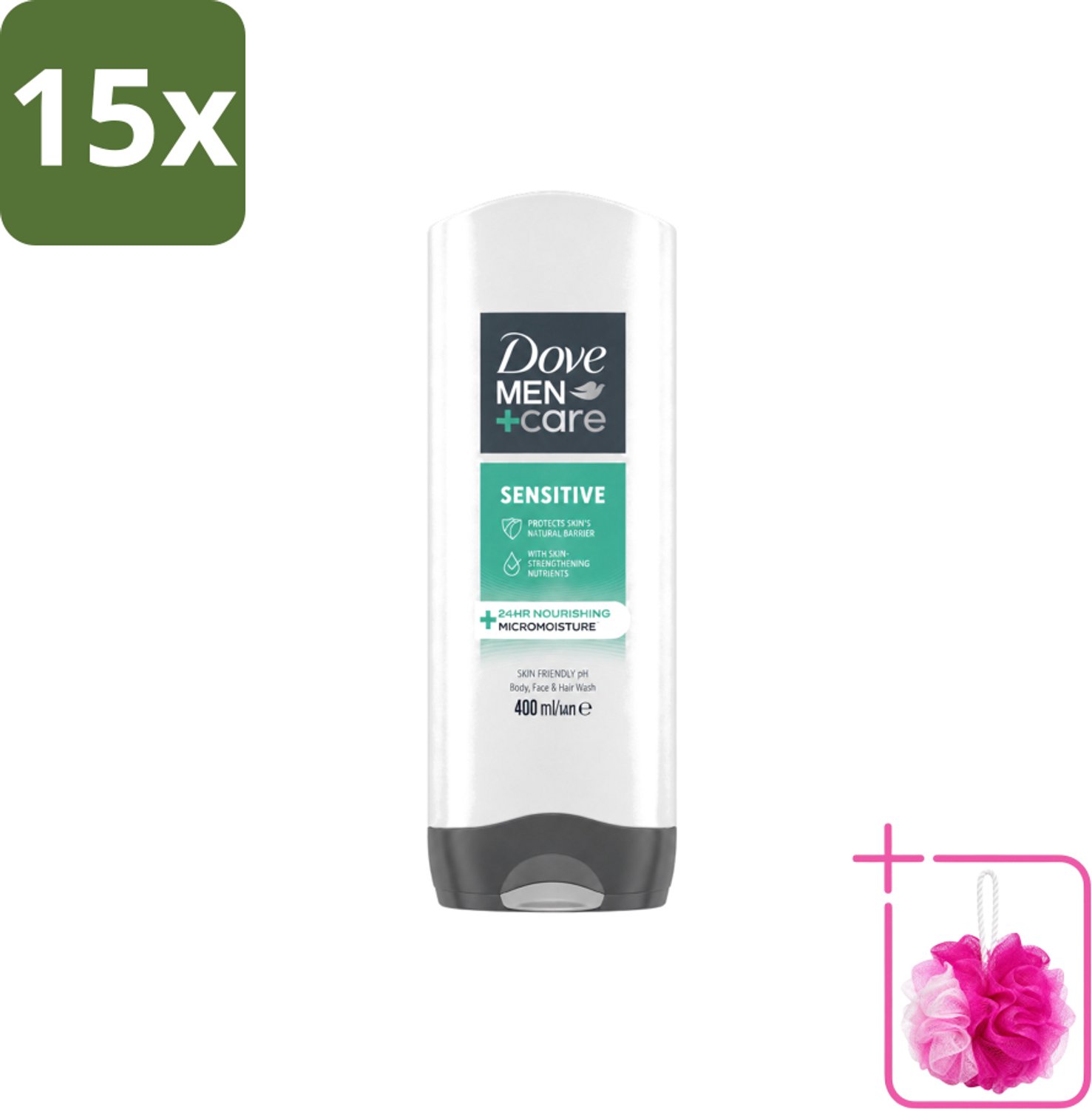 15 x Dove - Shower Gel - 3-in-1 - Men Care Sensitive - Verfrissend en zacht - 400 ml - Bulkverpakking - Douchegel voor mannen - Douchemop - Gevoelige huid