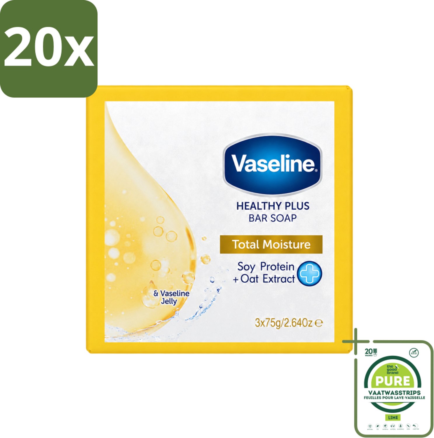 20 x Vaseline - Total Moisture - Zeeptablet - Healthy Plus - 3x75 g - Grootverpakking - Vaatwasstrips - Zeep - Huidverzorging - Hydratatie - Reiniging - Gezond Huid