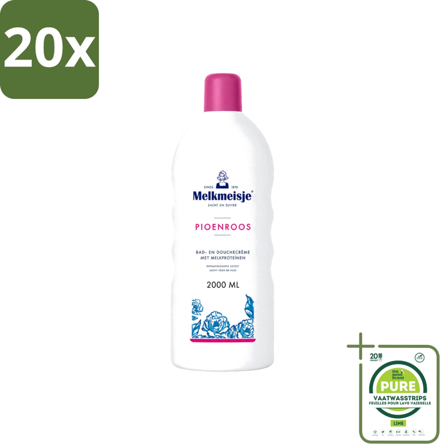20 x Melkmeisje - Bad & Douche - Pioenroos Geur - Verzorgend & Hydraterend - 2000 ml - Grootverpakking - Vaatwasstrips - Douchecrème - Melkmeisje - Pioenroos - Huidverzorging - Melkproteïnen