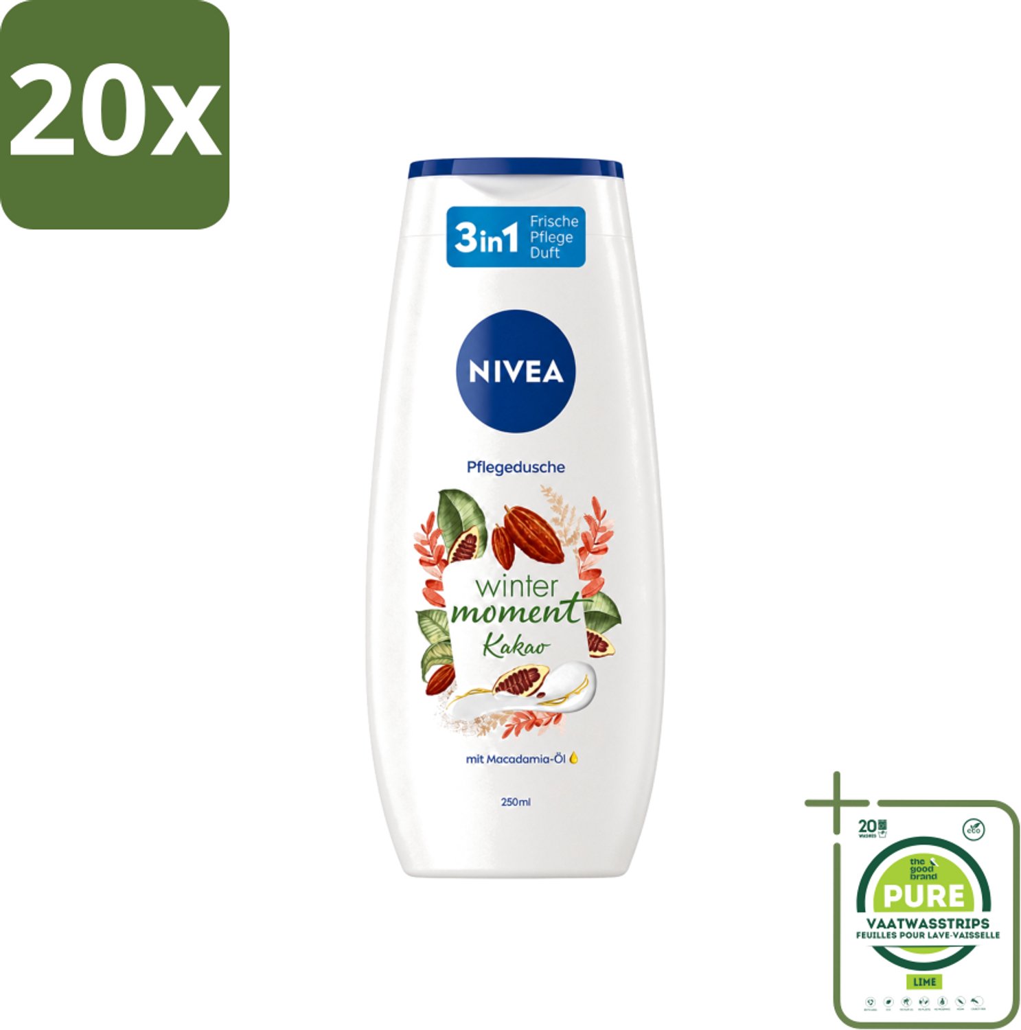 20 x Nivea - Douchegel - Winter Moment Cacao - 250 ml - Grootverpakking - Vaatwasstrips - Douchegel Winter - Verzorgende Douchegel - Cacao Douchegel - Huid Verzorging - Winter Douchegel
