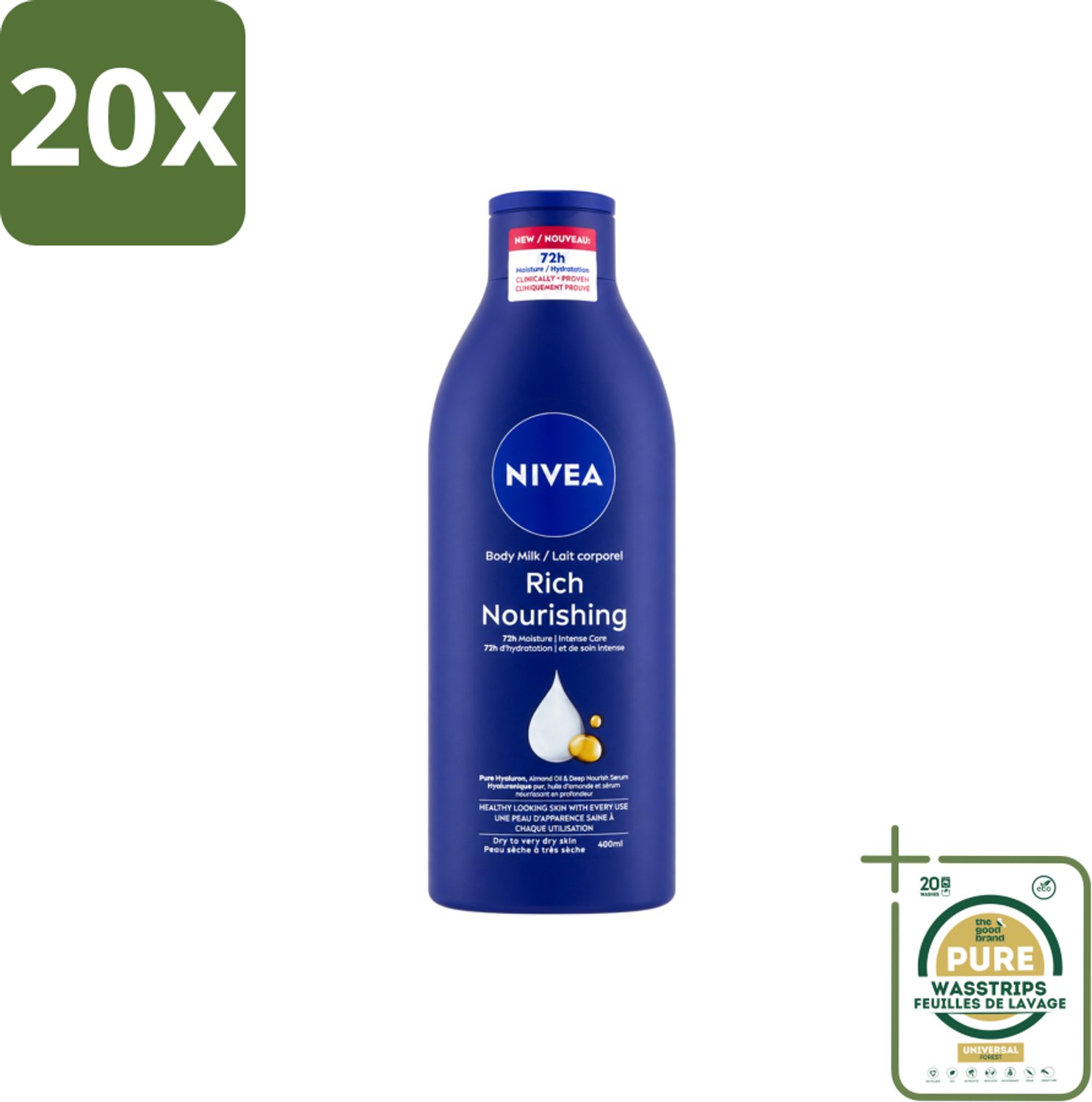 20 x Nivea – Bodylotion – Voor Droge Huid – 400 ml - Wasstrips - Bodylotion Voor Droge Huid - Droge Huid Verzorging - Hydratatie Huid - Bodylotion 24 Uur - Natuurlijke Beschermlaag Huid