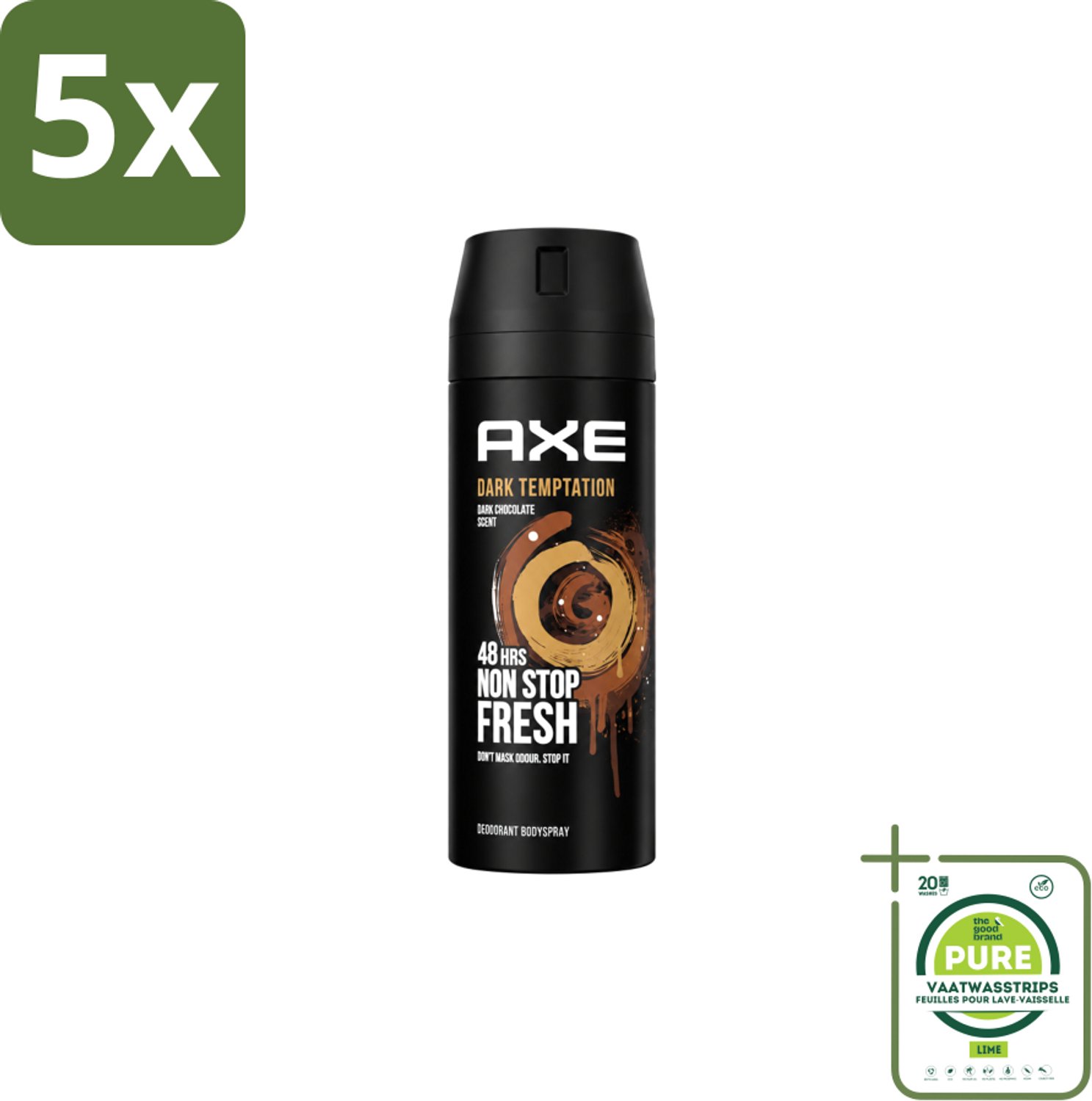 5 x Axe – Deodorant Spray – Dark Temptation – 150 ml - Grootverpakking - Vaatwasstrips - Deodorant Voor Mannen - Warme Geur - Chocolade Geur - Verleidelijke Geur - Transpiratiegeur