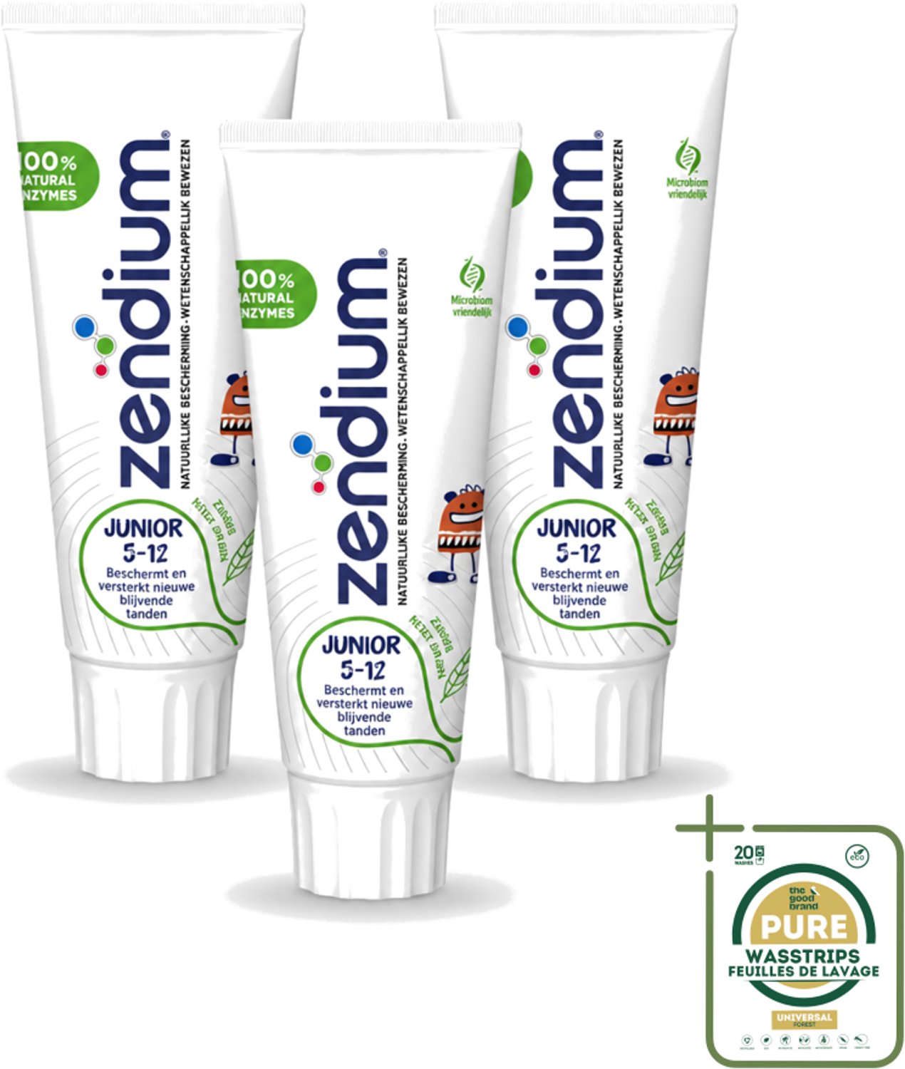3 x Zendium - Junior 5-12 Jaar - Tandpasta - Natuurlijke Enzymen - 75 ml - Wasstrips - Tandpasta Voor Kinderen - Melktanden Beschermen - Volwassen Tanden Beschermen - Natuurlijke Enzymen - SLS-vrij