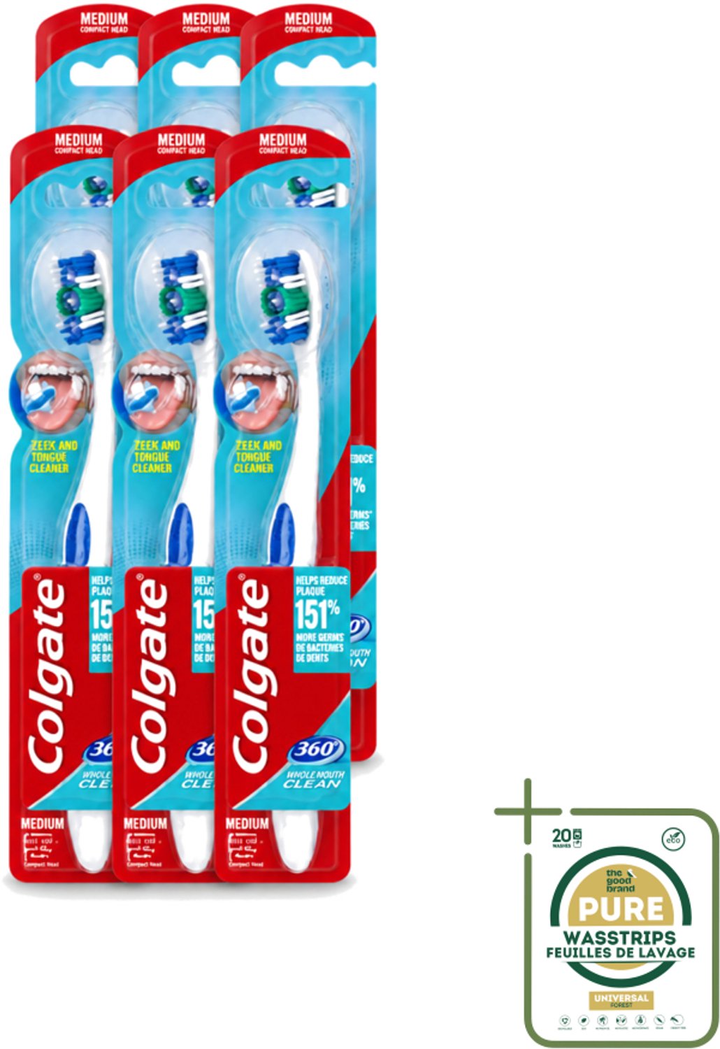 6 x Colgate - Tandenborstel - 360 Whole Mouth Clean Medium - Wit/Blauw - 1 Tandenborstel - Wasstrips - Tandenborstel - Mondhygiëne - Tandenpoetsen - Bacteriën - Tandplak