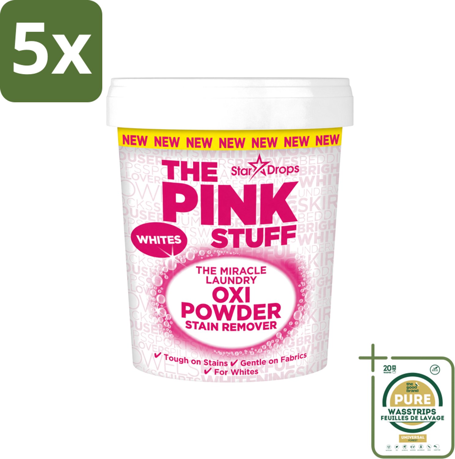 5 x The Pink Stuff - Vlekverwijderaar - Voor Witte Was - 1kg - Wasstrips - Vlekverwijderaar - Witte Was - Vlekkenverwijderaar - Voorwasmiddel - Wasmiddel