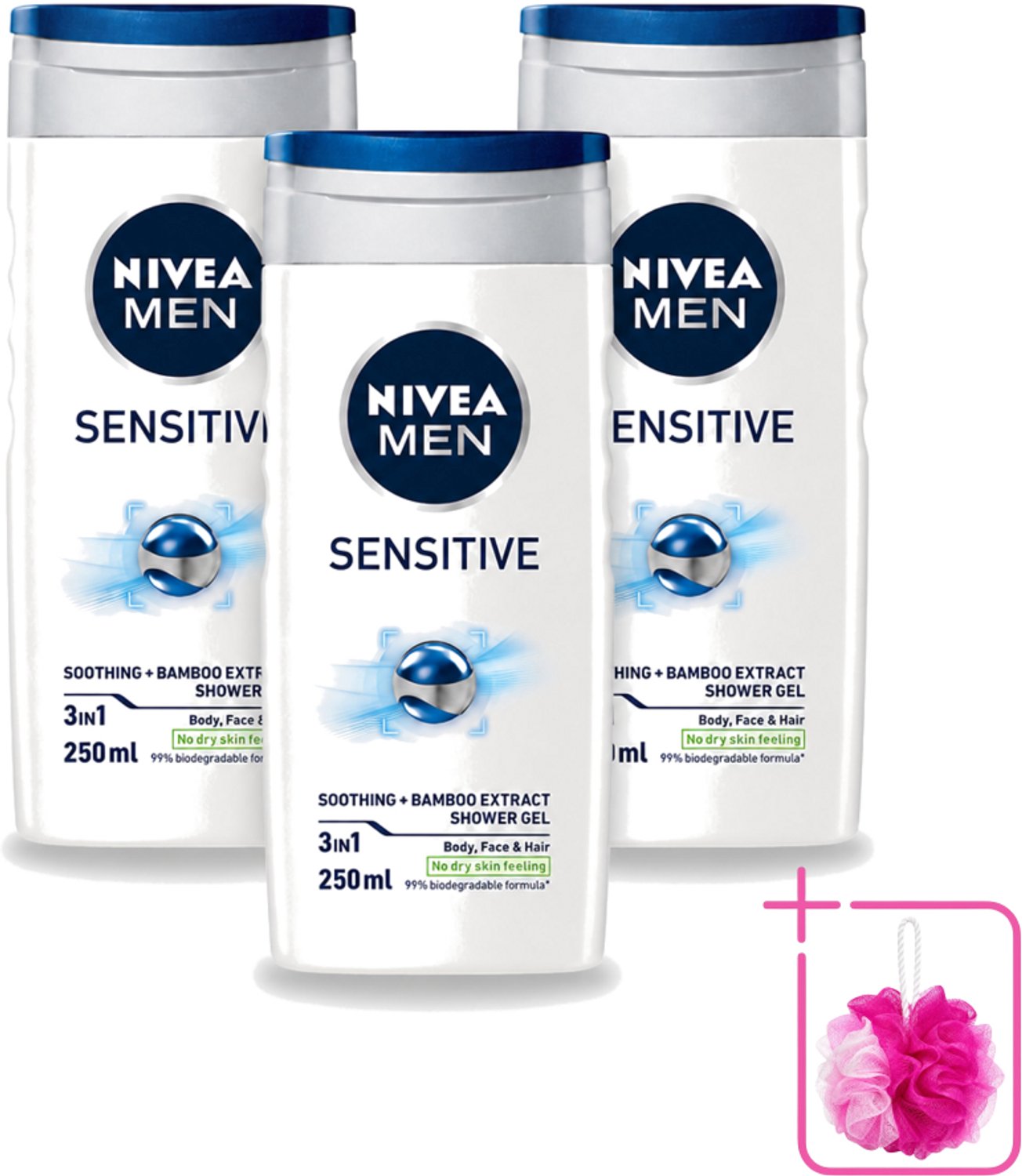 3 x Nivea - Men - Sensitive Douchegel - Hydraterend - 250 ml - Bulkverpakking - Gevoelige huid - Douchemop - Douchegel