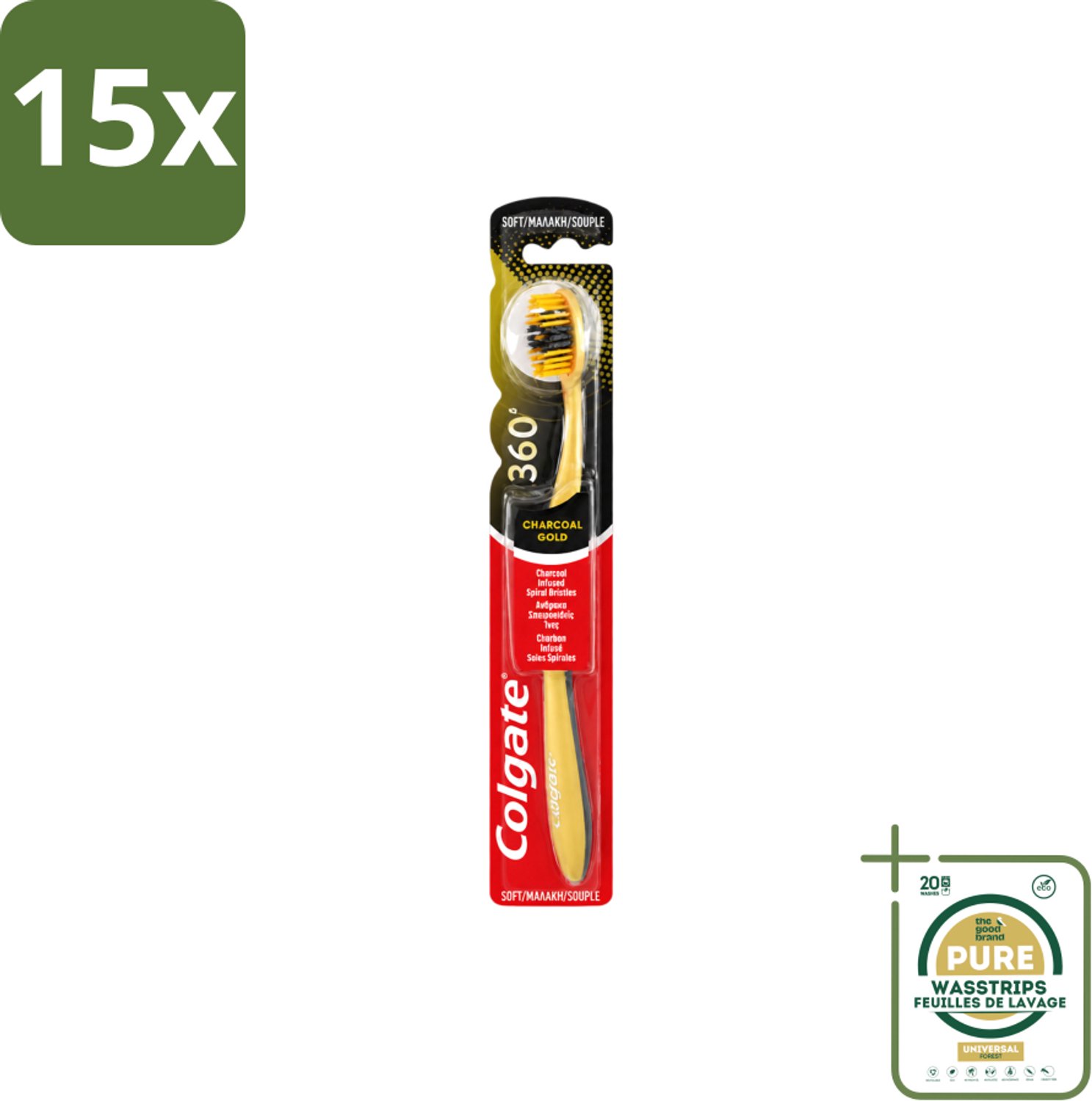 15 x Colgate - Tandenborstel - 360 Charcoal Gold Soft - Zwart/Goud - 1 Tandenborstel - Wasstrips - Tandenborstel - Houtskool - Tanden Reinigen - Tanden Witter Maken - Tandenborstel Zacht