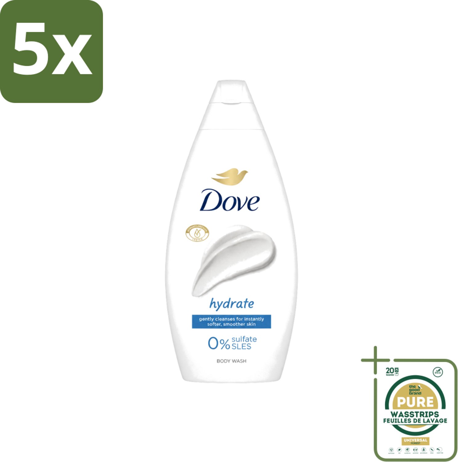 5 x Dove – Douchegel – Hydrate – 450 ml - Wasstrips - Douchegel Hydrate - Hydraterende Douchegel - Zachte Huid - Mild Reinigen - Huid Verzorgen