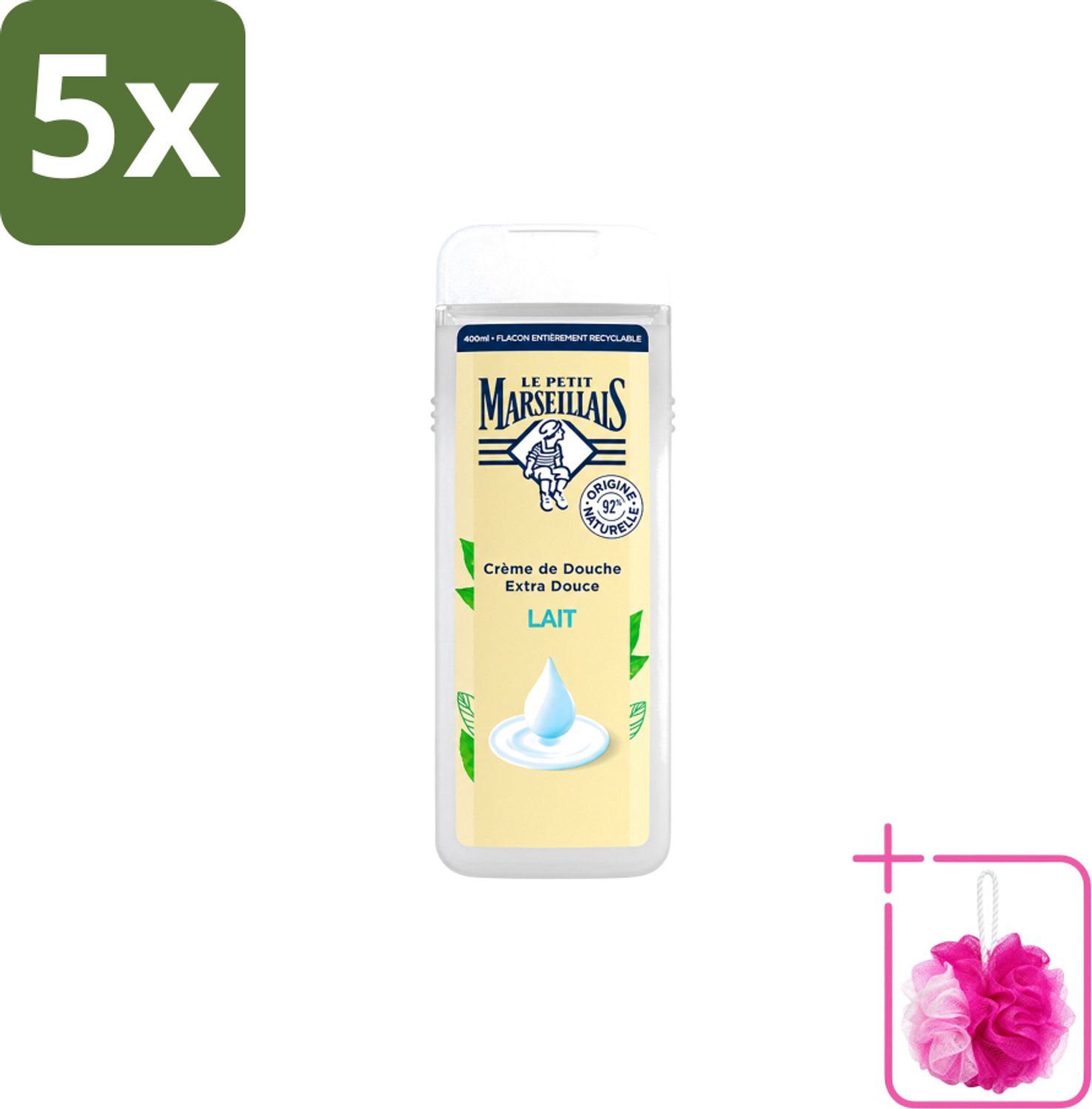 5 x Le Petit Marseillais – Douchecrème – Lait – 400 ml - Bulkverpakking - Douchecrème - Douchemop - Huid verzorging