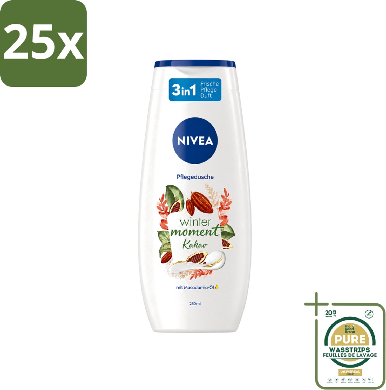 25 x Nivea - Douchegel - Winter Moment Cacao - 250 ml - Wasstrips - Douchegel - Winter Moment - Cacao - Verzorgende Douchegel - Huid Verzorging