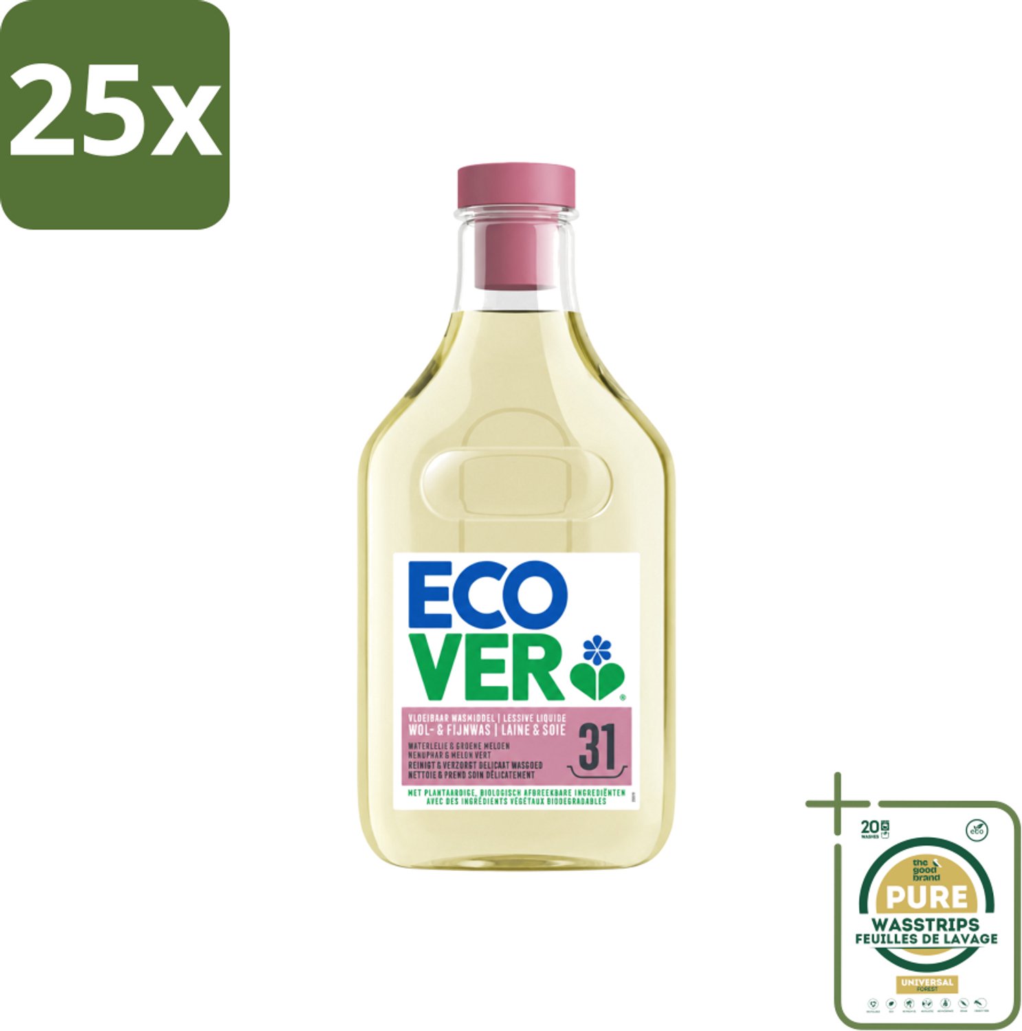 25 x Ecover - Vloeibaar Wasmiddel - Wol & Fijn Was - Waterlelie & Groene Meloen - 31 Wasbeurten - 1.43 L - Wasstrips - Wasmiddel Wol En Fijn Was - Vloeibaar Wasmiddel - Milieuvriendelijk Wasmiddel - Fijn Was - Delicate Stoffen Was